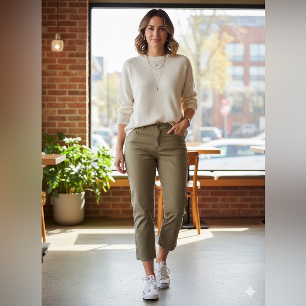 E.LAND Khaki High Rise Straight Leg Chino Pants Size S 165/70A Tan